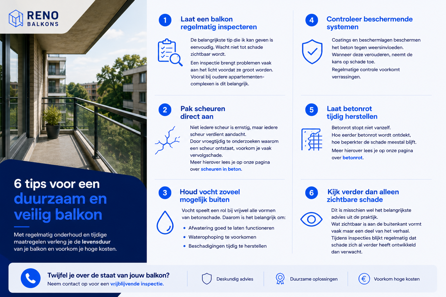 Infographic met 6 tips voor een duurzaam en veilig balkon, waaronder regelmatige inspectie, scheuren herstellen en vocht buiten houden.