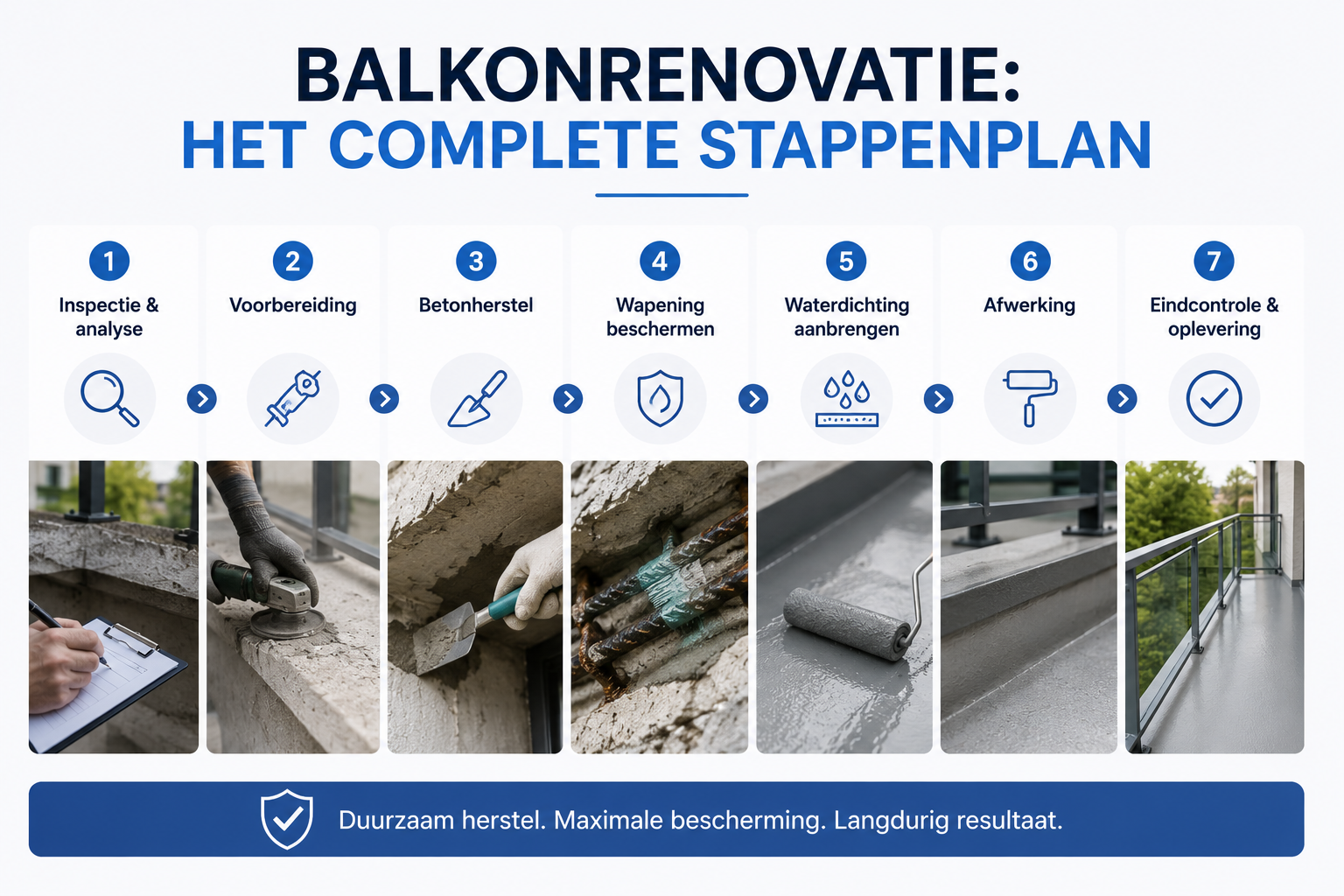 Infographic met een 7-stappenplan voor balkonrenovatie: inspectie en analyse, voorbereiding, betonherstel, bescherming van de wapening, waterdichting aanbrengen, afwerking en eindcontrole met een duurzaam gerenoveerd balkon als eindresultaat.