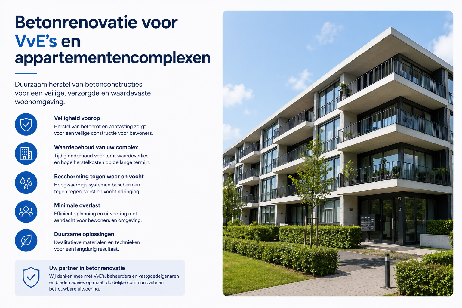 Infographic over betonrenovatie voor VvE’s en appartementencomplexen met uitleg over de voordelen van duurzaam betonherstel, waaronder veiligheid, waardebehoud, bescherming tegen vocht en een foto van een modern appartementencomplex.