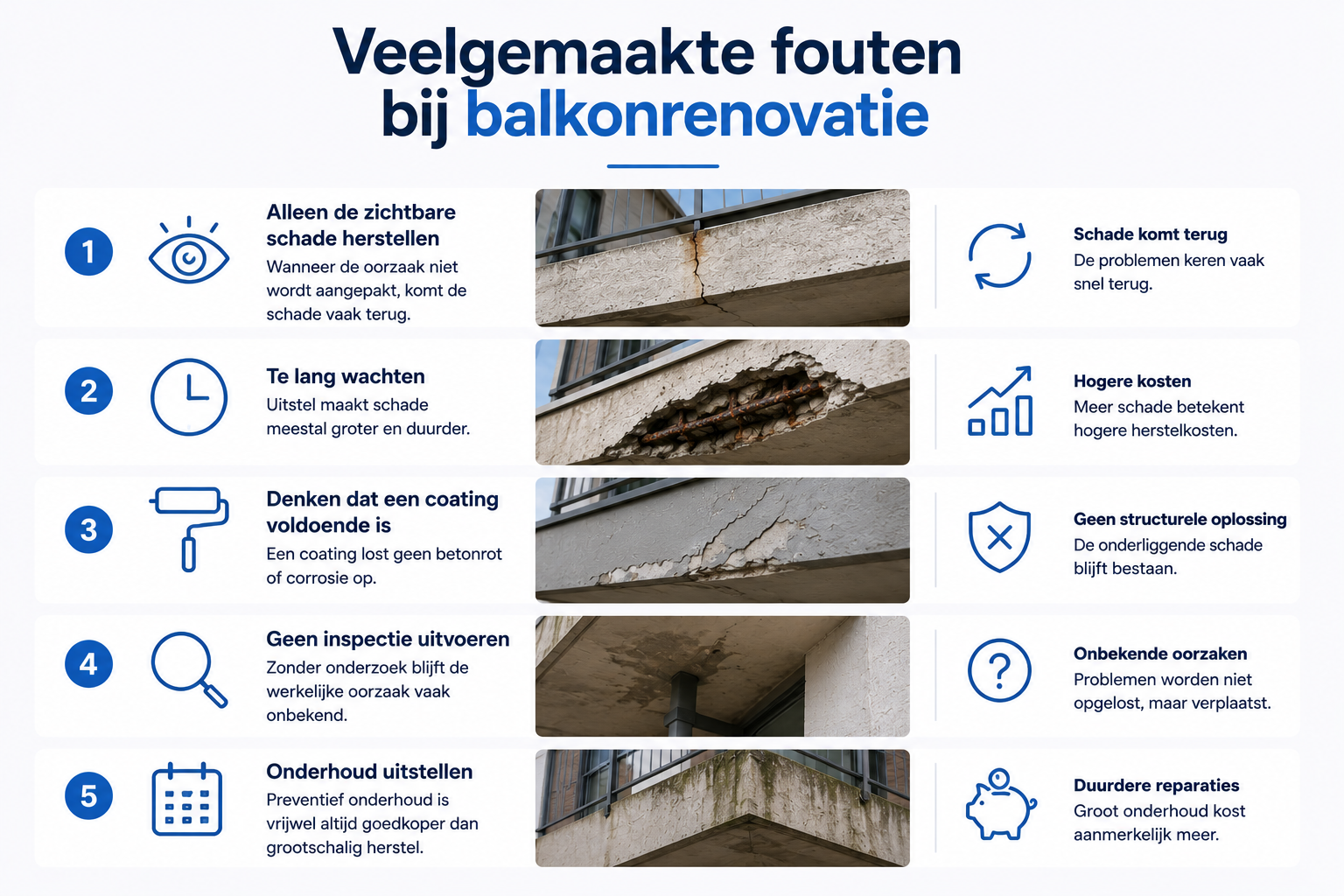 Infographic over veelgemaakte fouten bij balkonrenovatie met vijf voorbeelden: alleen zichtbare schade herstellen, te lang wachten, vertrouwen op alleen een coating, geen inspectie uitvoeren en onderhoud uitstellen. Daarnaast worden de gevolgen zoals terugkerende schade, hogere kosten en structurele problemen weergegeven.