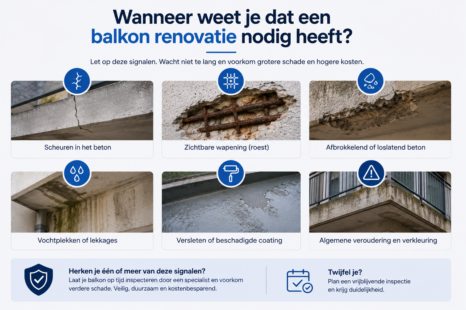 Infographic met zes duidelijke signalen dat een balkon renovatie nodig heeft, waaronder scheuren in het beton, zichtbare roestende wapening, afbrokkelend beton, vochtplekken, beschadigde coating en algemene veroudering of verkleuring.
