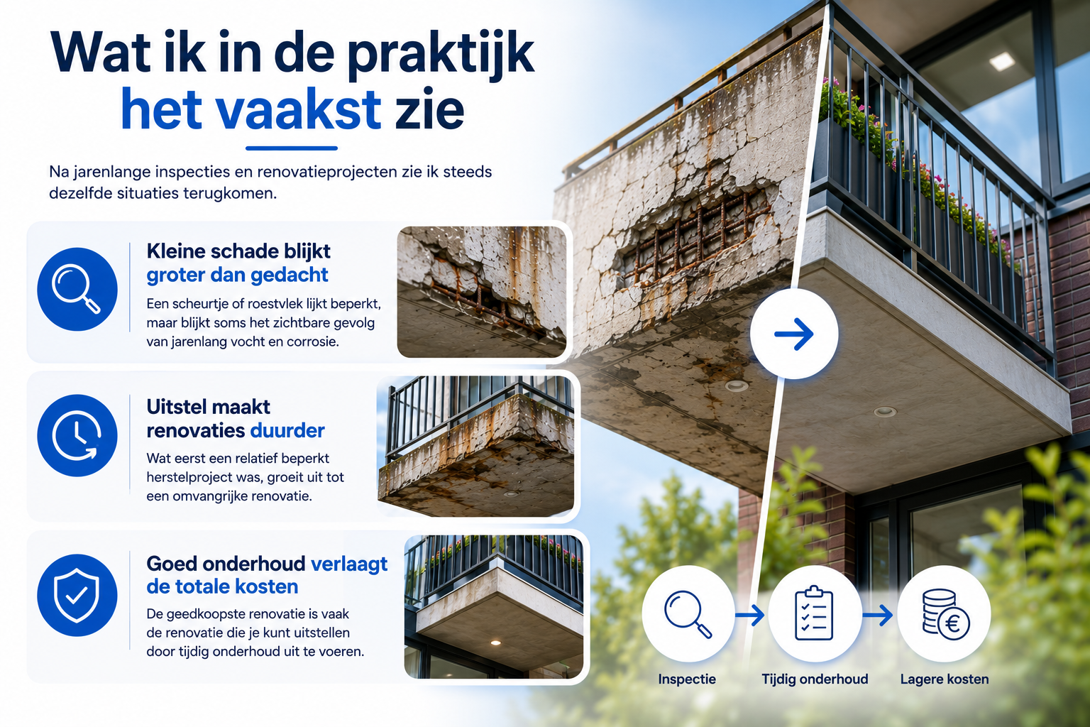 Infographic met praktijkervaringen over balkonrenovaties waarin kleine schade groter blijkt, uitstel kosten verhoogt en onderhoud geld bespaart.