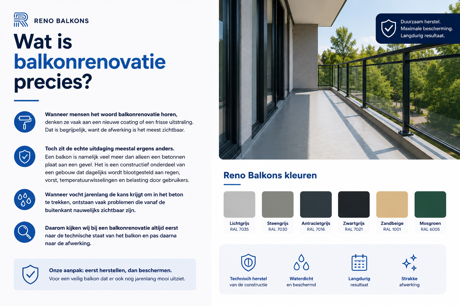 Infographic over balkonrenovatie met uitleg over het belang van technisch herstel, bescherming tegen vocht en weersinvloeden, een foto van een gerenoveerd balkon, beschikbare RAL-kleuren en de voordelen van een duurzame afwerking.