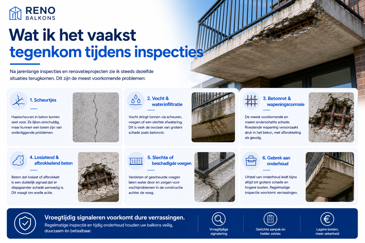Infographic met de meest voorkomende problemen die tijdens inspecties van balkons en betonconstructies worden aangetroffen, zoals scheuren, vocht en betonrot.