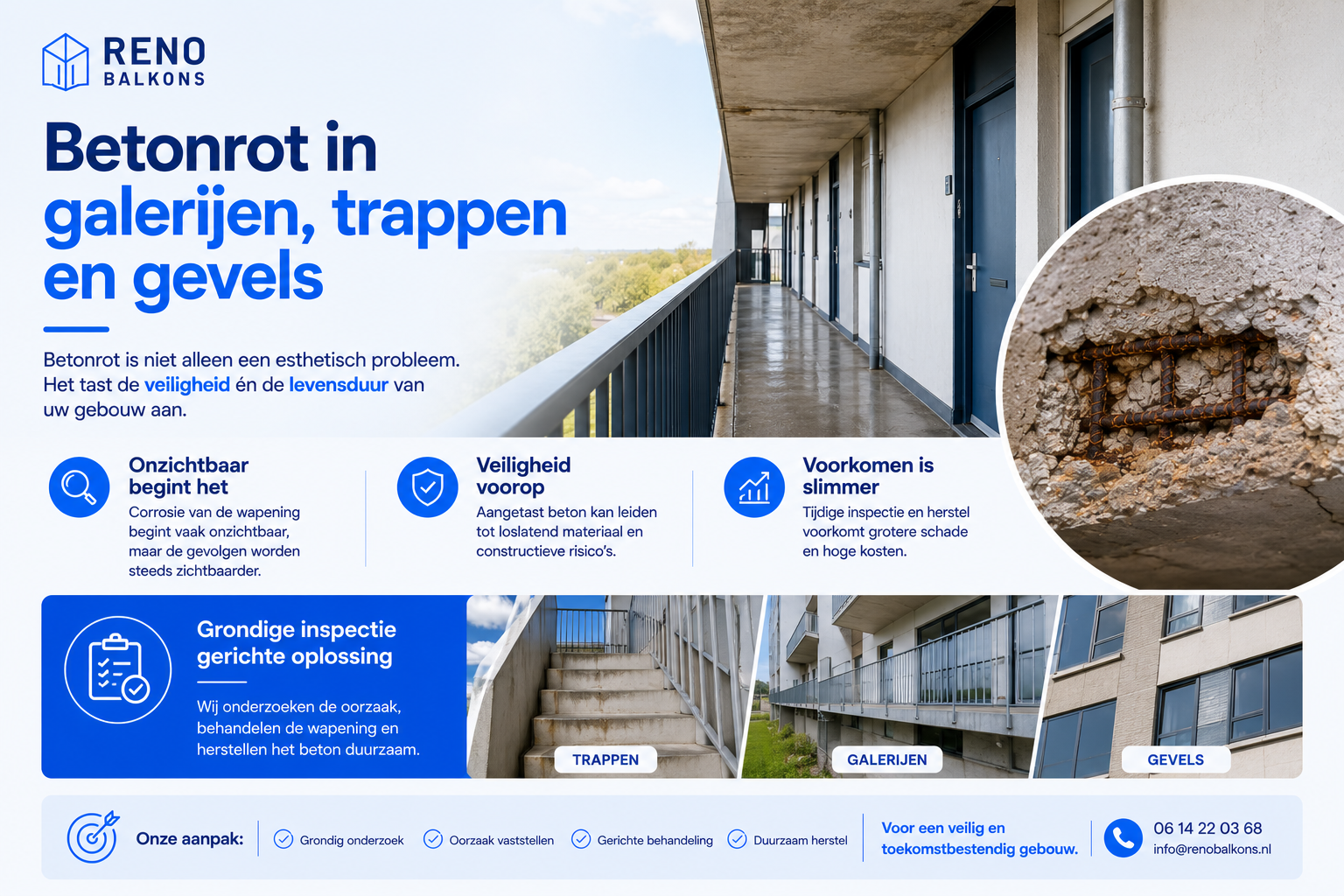 Betonrot in galerijen, trappen en gevels met zichtbare corrosie van wapening en voorbeelden van herstel.
