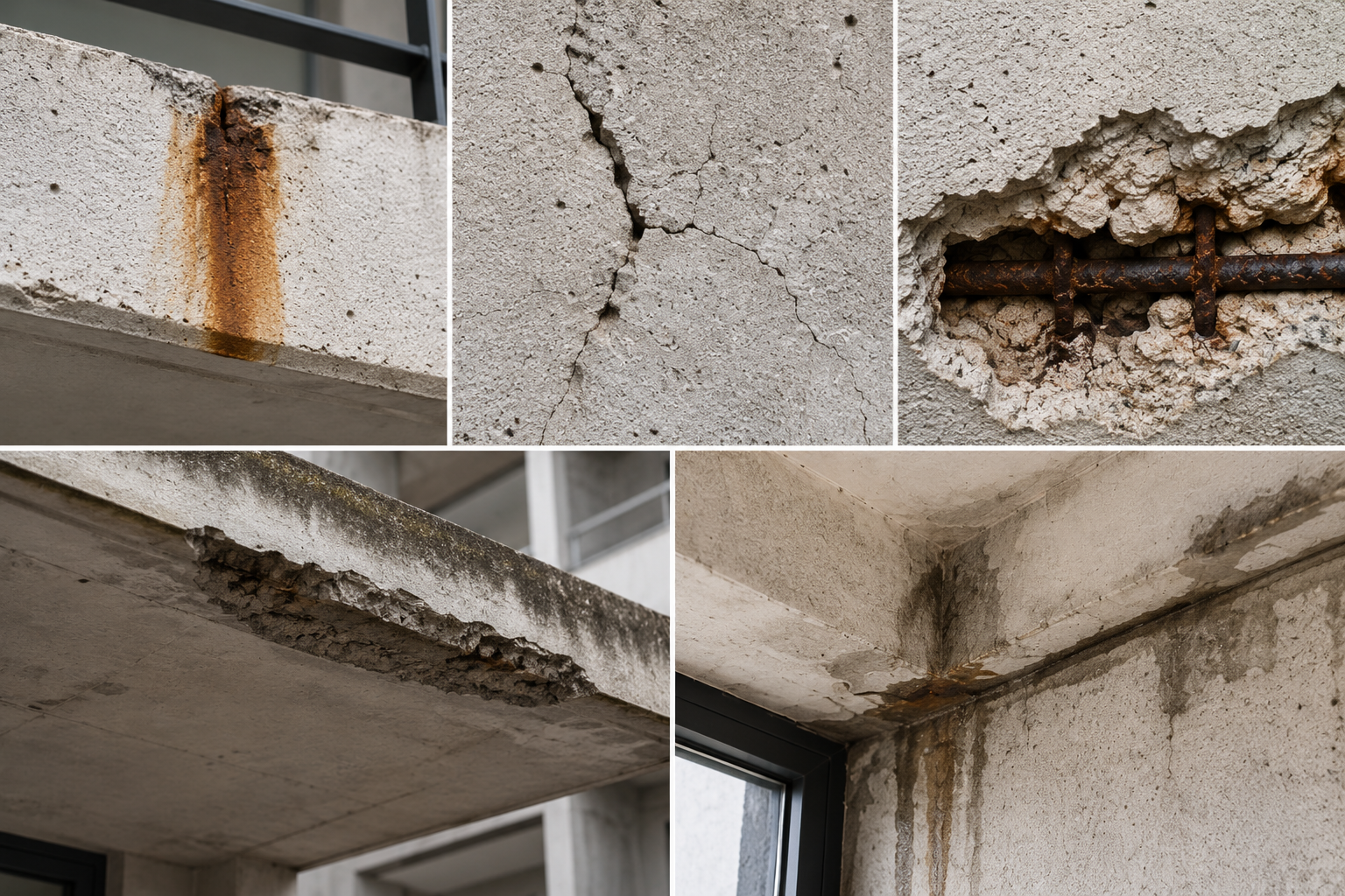 Collage met eerste tekenen van betonrot, waaronder roestvlekken, scheuren, afbrokkelend beton en zichtbare wapening.