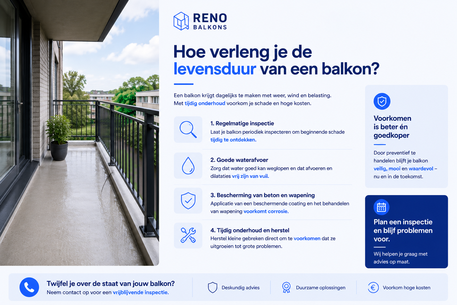 Infographic over hoe je de levensduur van een balkon verlengt met regelmatige inspectie, goede waterafvoer en tijdig onderhoud.