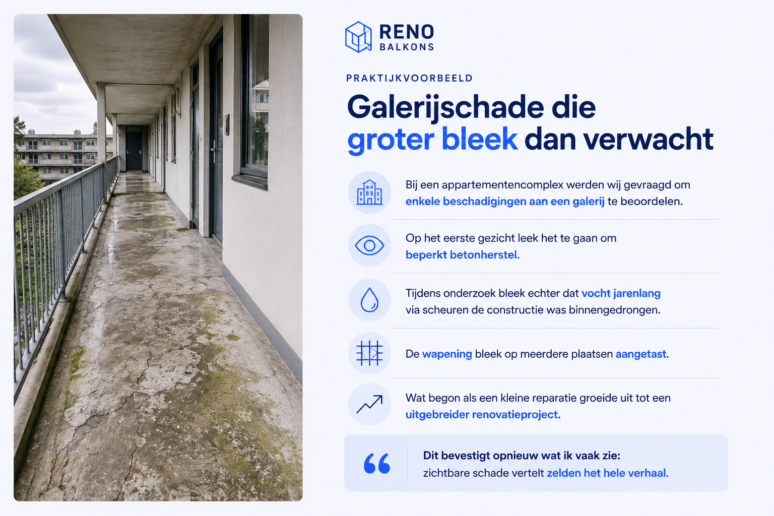 Galerij met scheuren en slijtage als praktijkvoorbeeld van verborgen betonrot en constructieve schade.