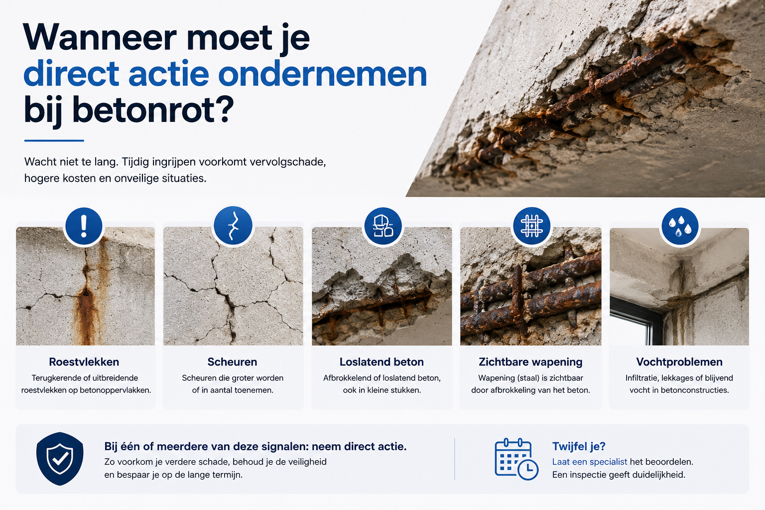 Infographic met signalen waarbij direct actie nodig is bij betonrot, zoals roestvlekken, scheuren, loslatend beton, zichtbare wapening en vochtproblemen.