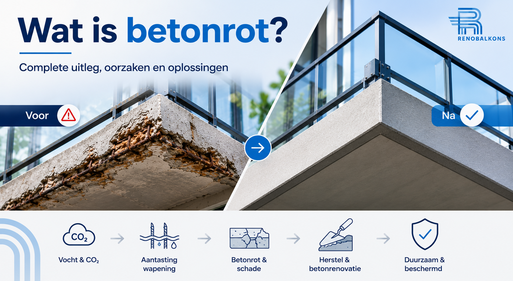 Infographic over betonrot met een vergelijking van een beschadigd balkon vóór renovatie en een hersteld balkon na betonrenovatie.